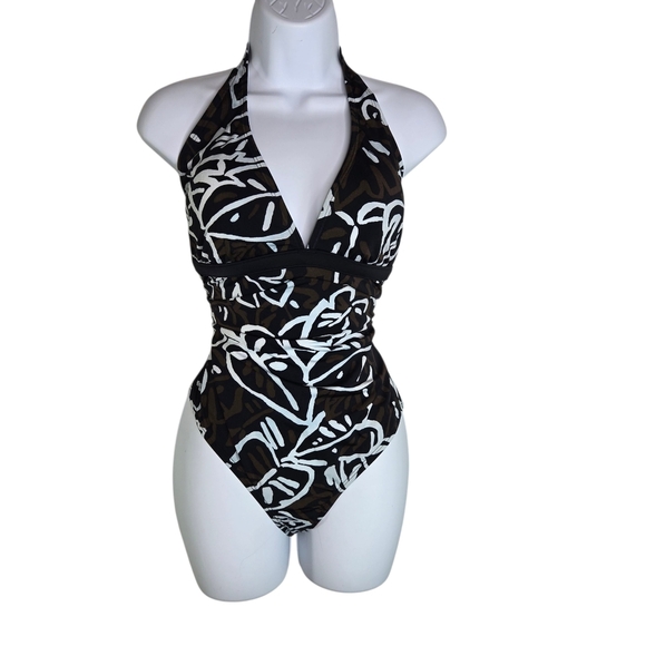 Speedo Brown Black White Tropical Floral One Piece Halter Swimsuit - Picture 1 of 6